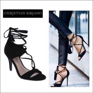 NWOT Black Suede Lace Up Open Toe Heels